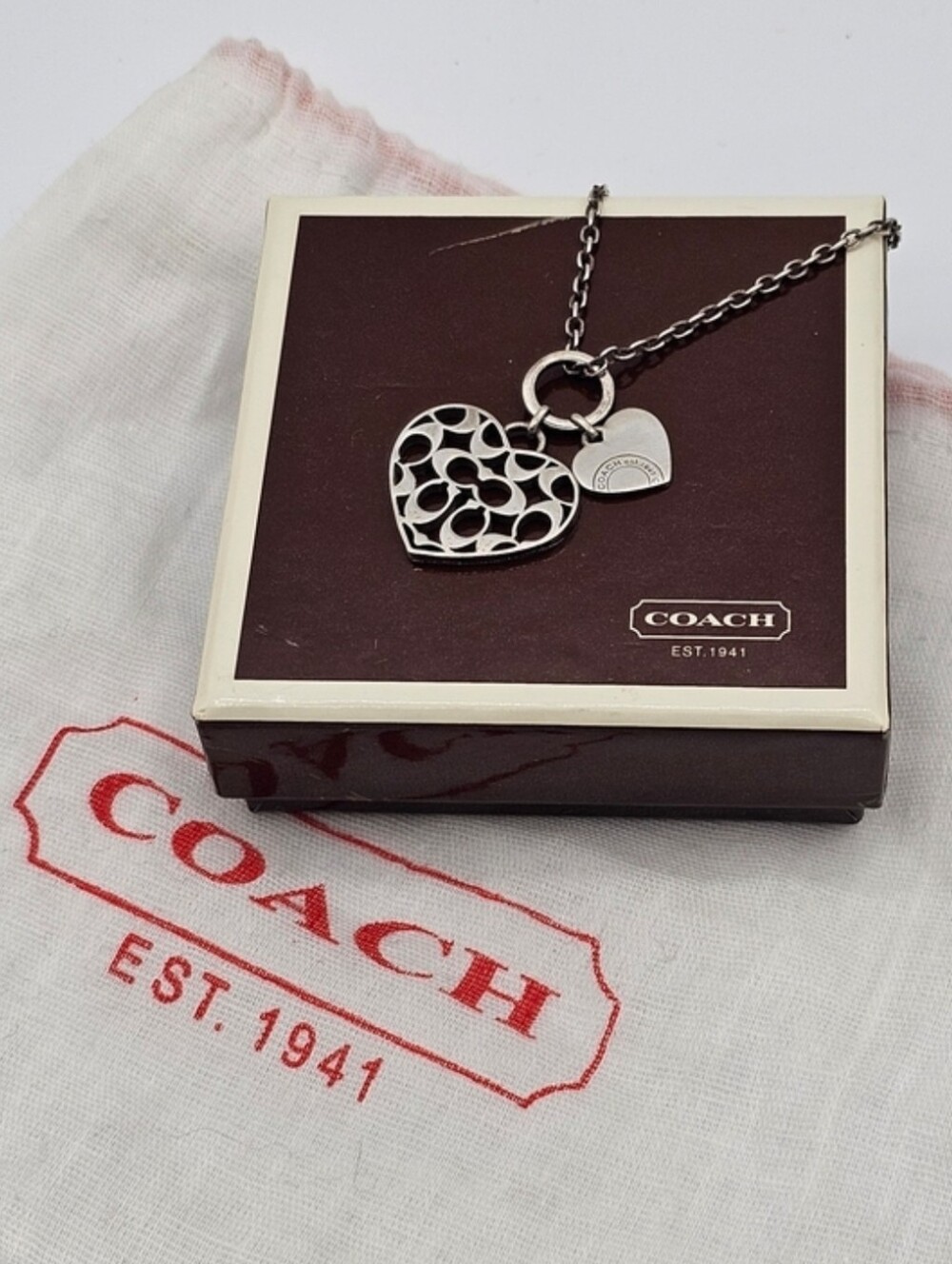 Vintage Y2K Coach Signature C Cutout Heart Pendant Necklace + Box & Bag Bundle
